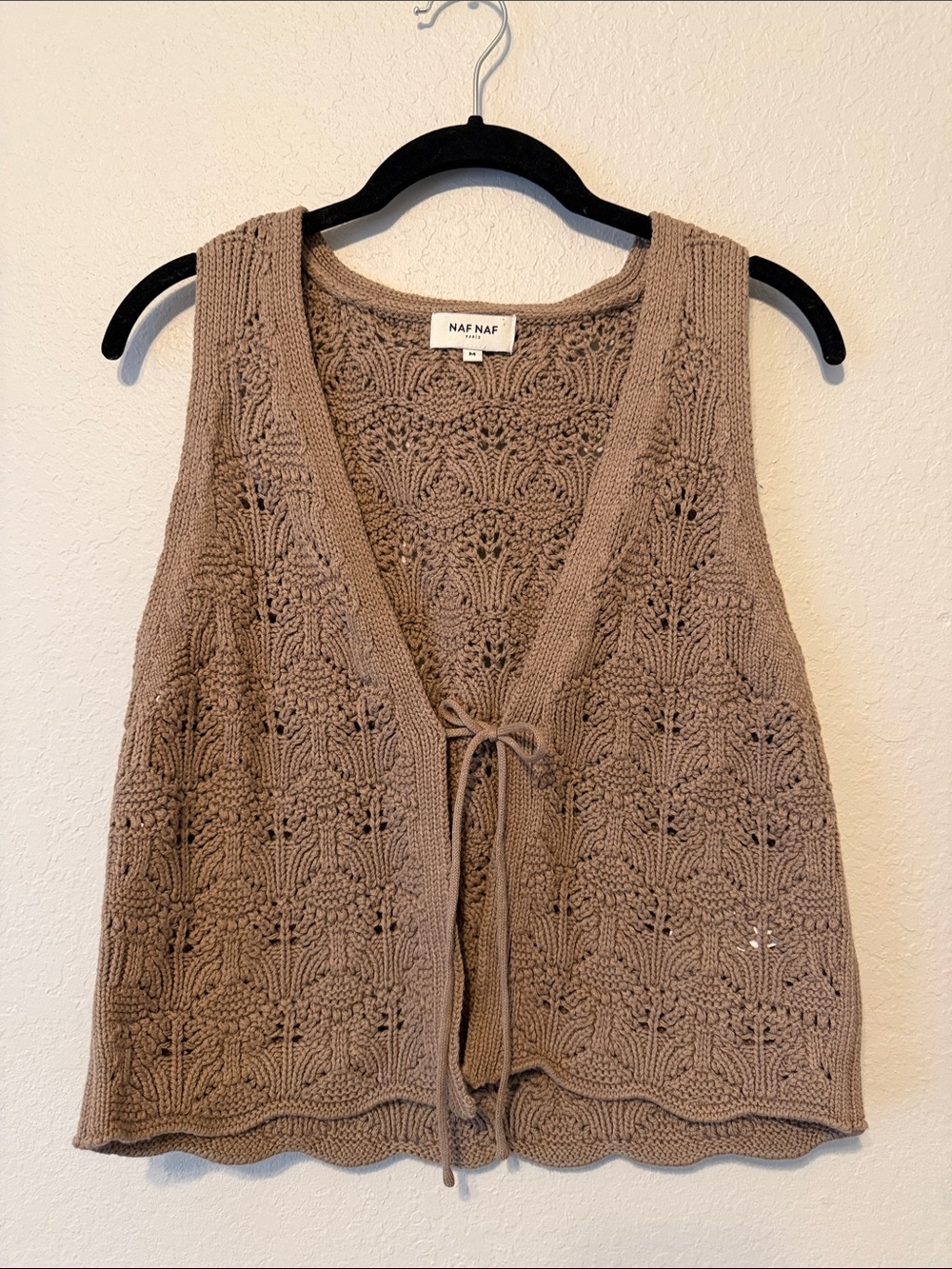 NAF NAF Paris Brown/ Beige Crochet Tie-Front Vest